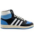Three-quarter lateral view of adidas Top Ten RB high-top sneakers in Core Black, White, and Pulse Blue GV6630.