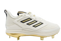 Lateral side view of Adidas Women's Adizero PureHustle 3 Elite softball cleats in Off White and Gold Metallic, featuring the iconic three-stripes branding.