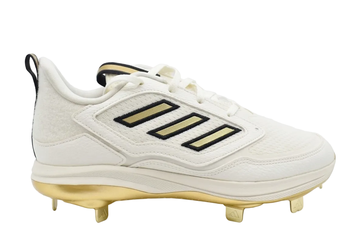 Lateral side view of Adidas Women's Adizero PureHustle 3 Elite softball cleats in Off White and Gold Metallic, featuring the iconic three-stripes branding.