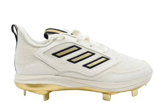 Lateral side view of Adidas Women's Adizero PureHustle 3 Elite softball cleats in Off White and Gold Metallic, featuring the iconic three-stripes branding.