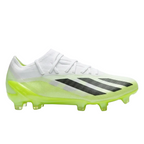 Side profile of adidas X Crazyfast.1 FG cleats in White and Lucid Lemon HQ4516 showing the translucent Aeropacity Speedskin.
