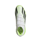 Top-down view of adidas X Crazyfast.1 HQ4516 soccer boots detailing the lightweight lacing system and thin Speedskin upper.
