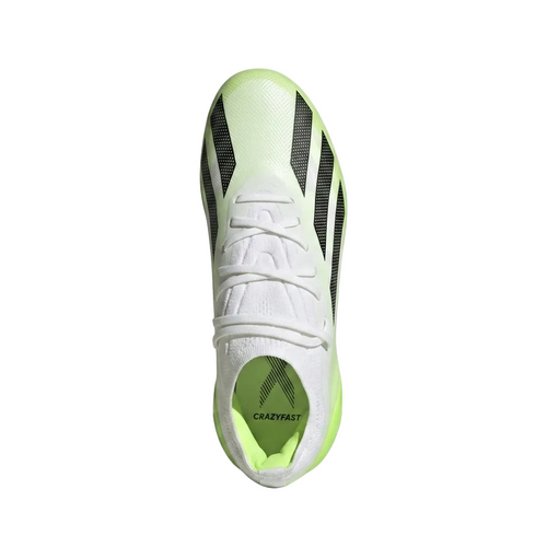 Top-down view of adidas X Crazyfast.1 HQ4516 soccer boots detailing the lightweight lacing system and thin Speedskin upper.