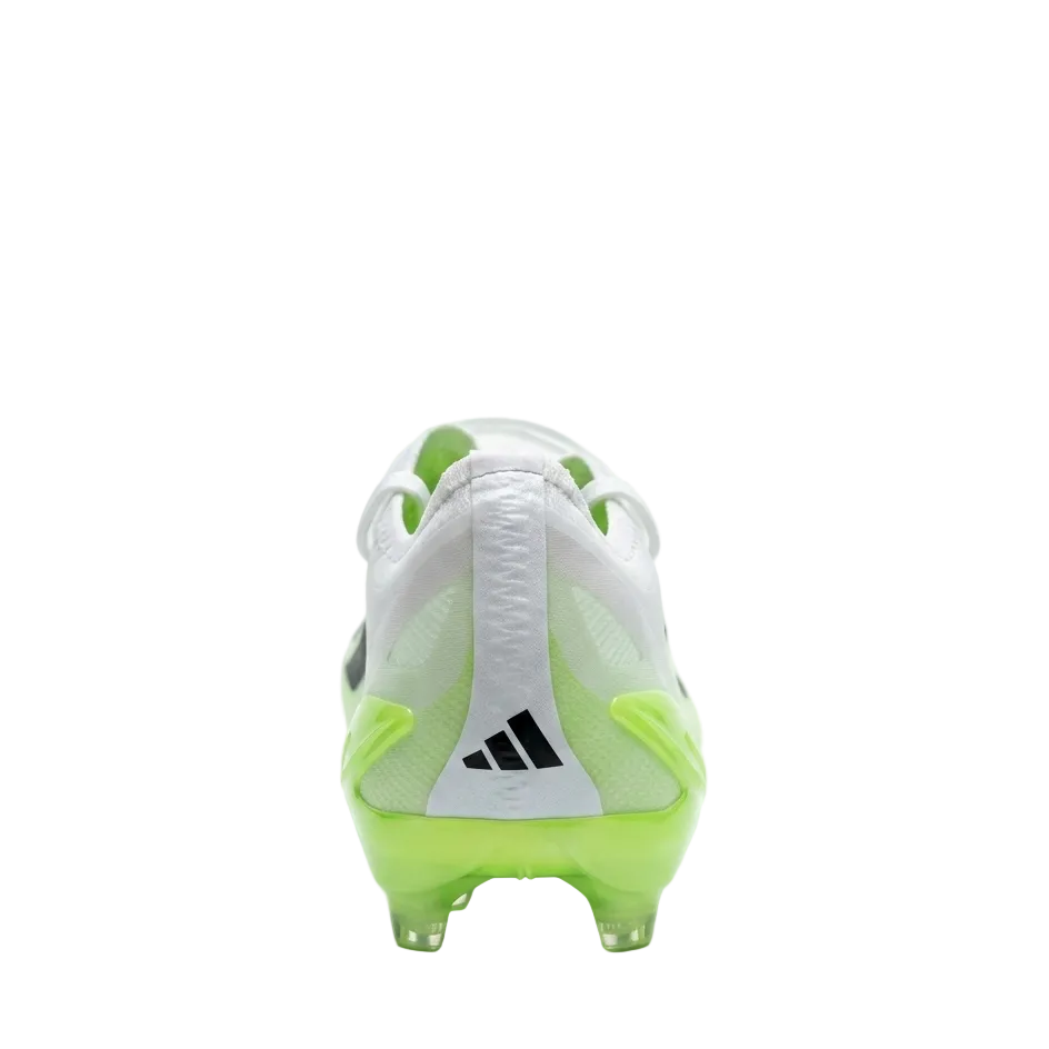 Rear view of adidas X Crazyfast.1 HQ4516 showing the heel lockdown construction and Lucid Lemon green accents.