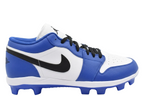 Bottom view of Air Jordan 1 Low baseball cleats in Royal Blue, featuring the durable molded plastic cleat plate and multi-directional traction pattern.