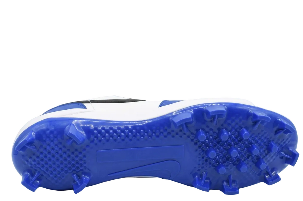 Bottom side view of Air Jordan 1 Low baseball cleats in Royal Blue and White, featuring the iconic black Nike swoosh and classic Jordan wings logo on the heel.
