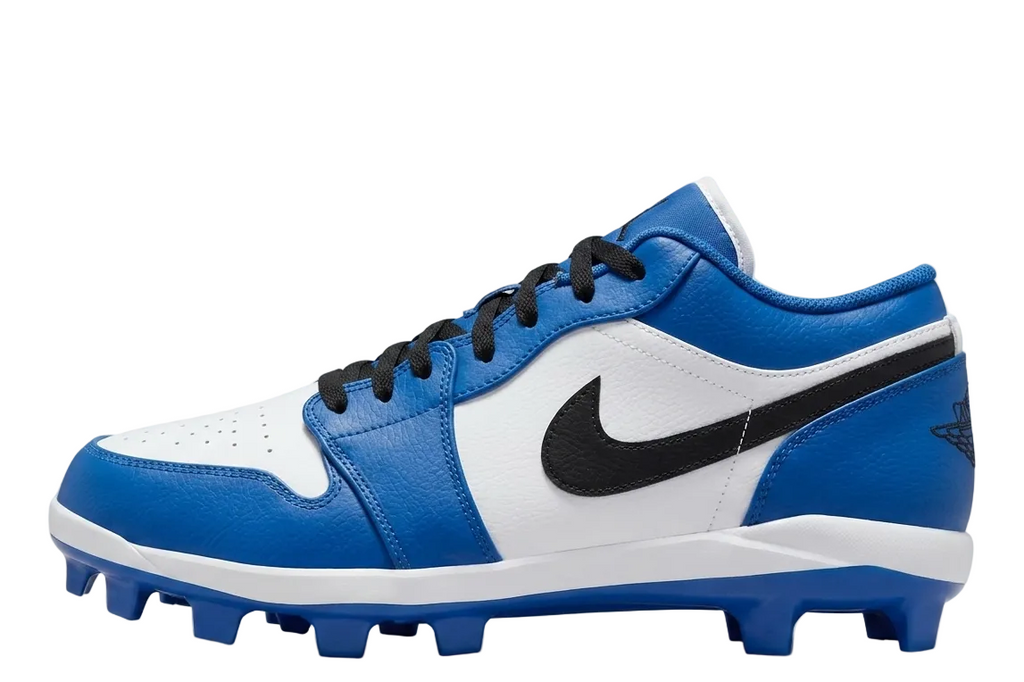 Medial side profile of Air Jordan 1 Low baseball cleats highlighting the premium tumbled leather upper and secure lace-up closure in Royal Blue.