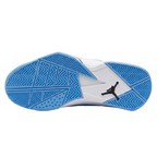 Bottom view of Air Jordan True Flight UNC basketball shoes showing the herringbone traction pattern and outsole.
