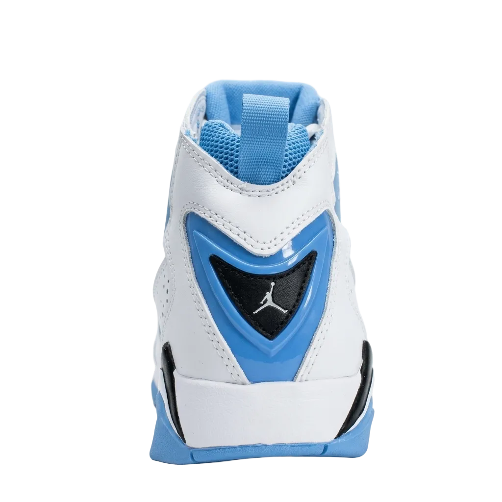 Rear heel view of Air Jordan True Flight UNC 342964-140 showing the university blue Jumpman logo.