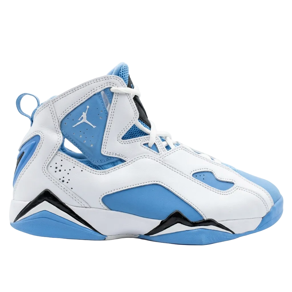 Lateral profile view of Air Jordan True Flight UNC sneakers in white and university blue, style 342964-140.