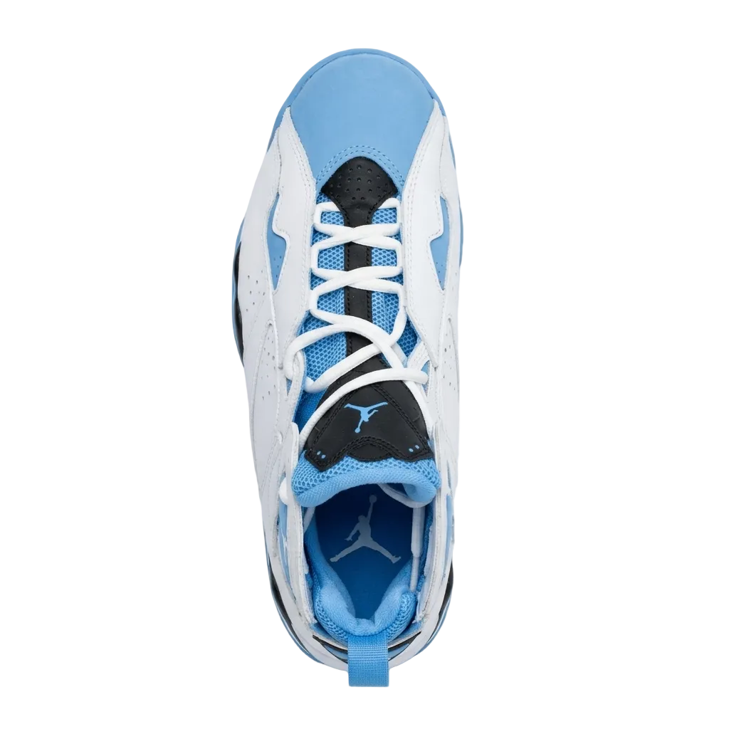 Top-down view of Air Jordan True Flight UNC showing the tongue pull tabs, lacing system, and inner ankle sleeve.