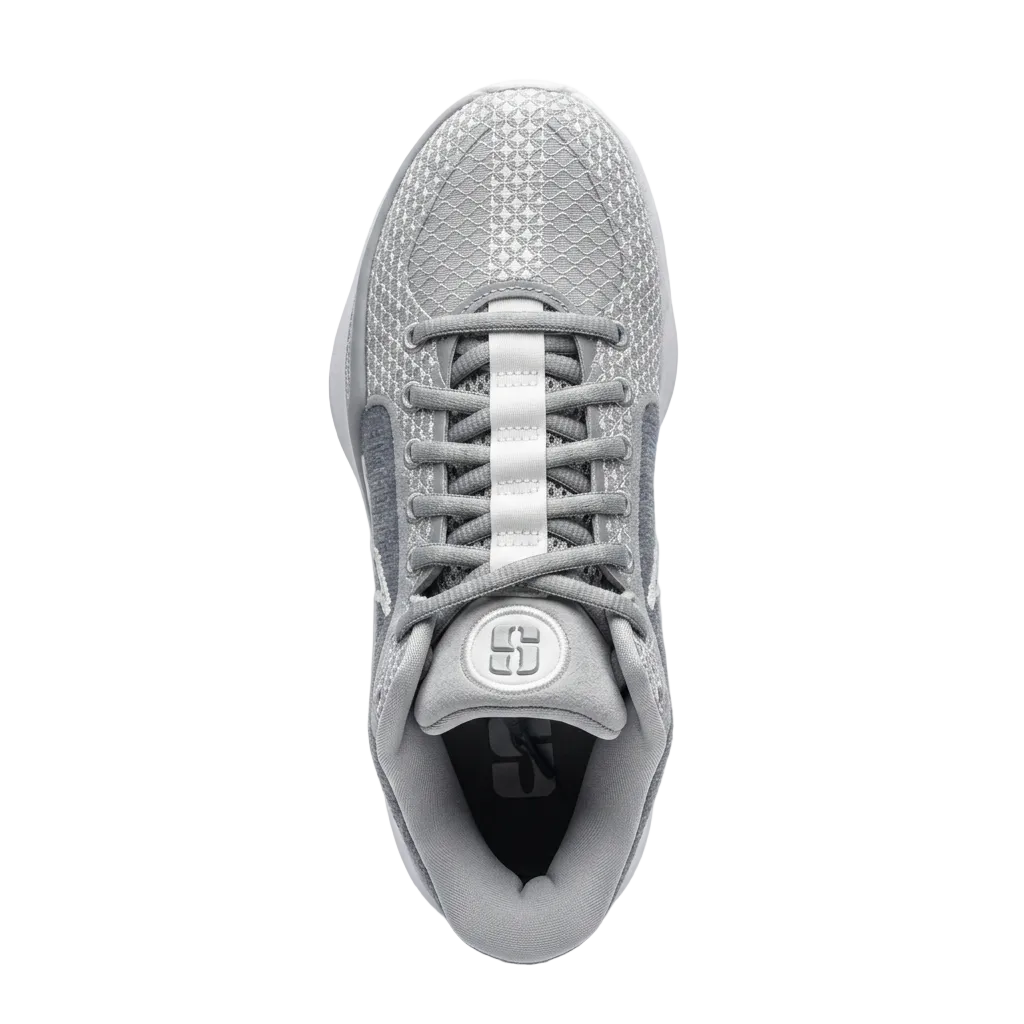 Top-down overhead view of Nike Wmns Sabrina 1 TB Wolf Grey showing the tongue, lacing system, and insoles, FQ3391-010.