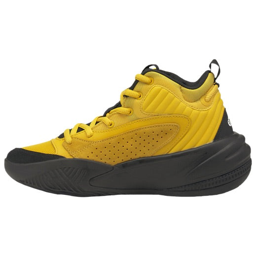 Top down view of the J Cole Puma RS Dreamer 2 Mid junior basketball shoe showcasing the yellow knit upper, black laces, and tongue branding.