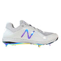 New Balance 4040v4 low-cut metal baseball cleats in Sunset Pack Grey and orange accents, style code L4040GA4, front three-quarter view.