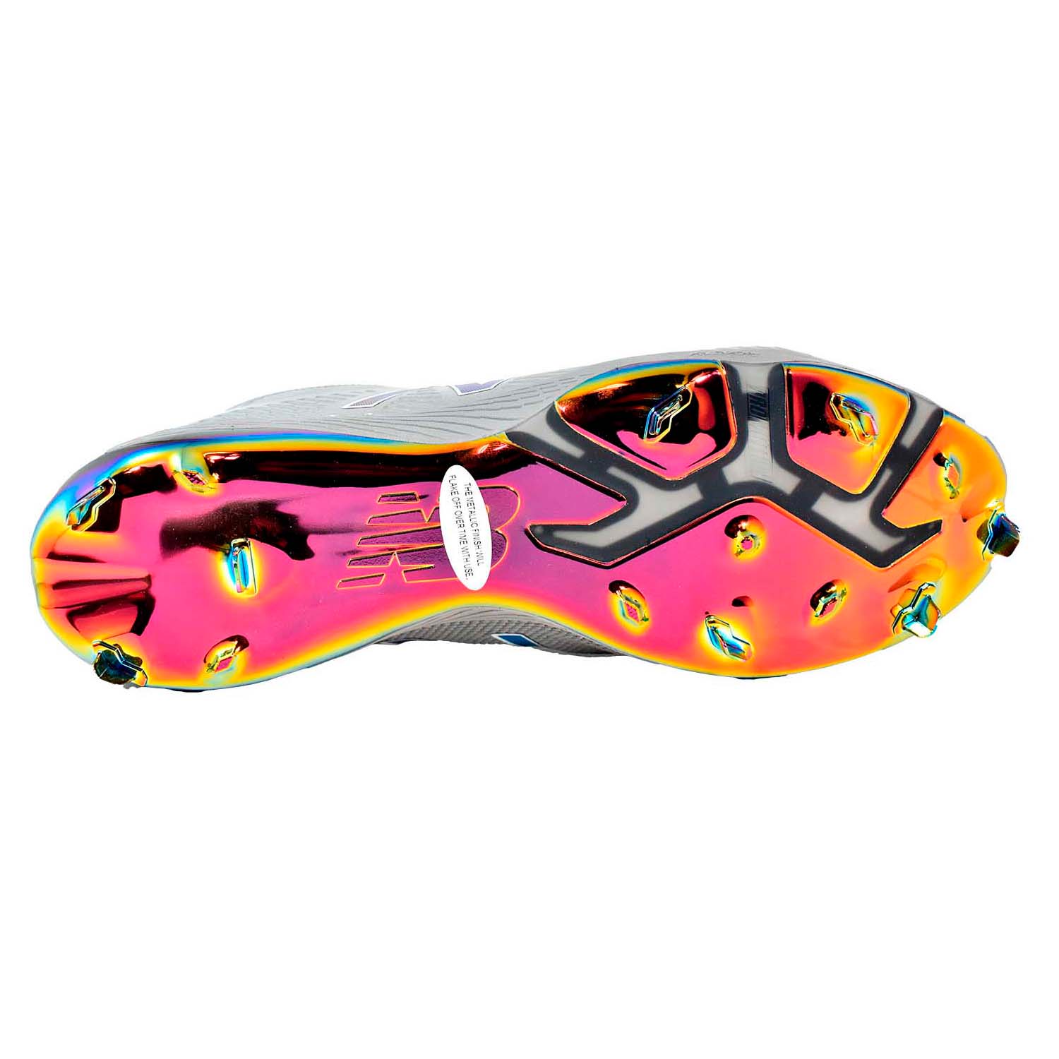 Bottom view of New Balance 4040v4 baseball shoes highlighting the high-traction 8-spike flexible metal cleat plate, L4040GA4.