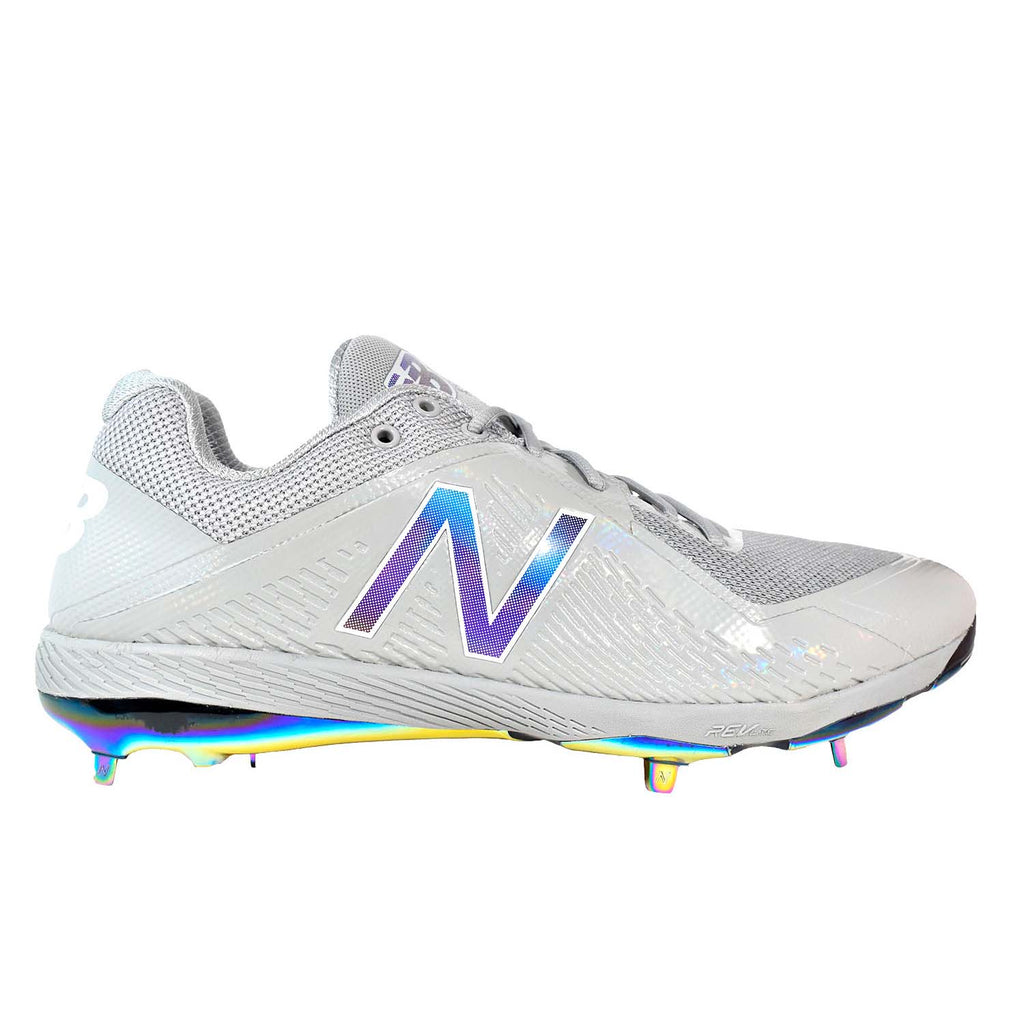 Side profile view of men's New Balance 4040v4 baseball shoes highlighting the low-profile design and signature N logo, L4040GA4.