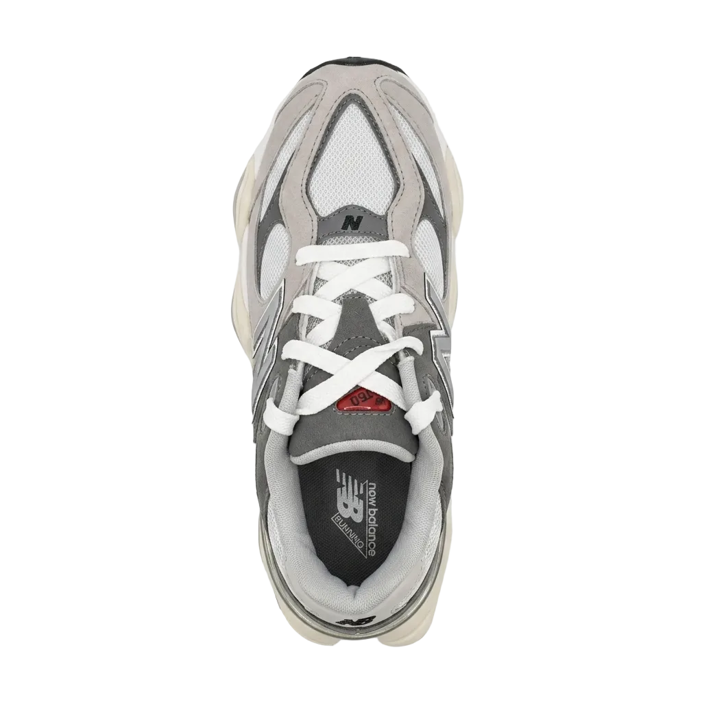 Top-down view of the preschool New Balance 9060 PS Rain Cloud PC9060GY shoes showing the toe box and lacing system.