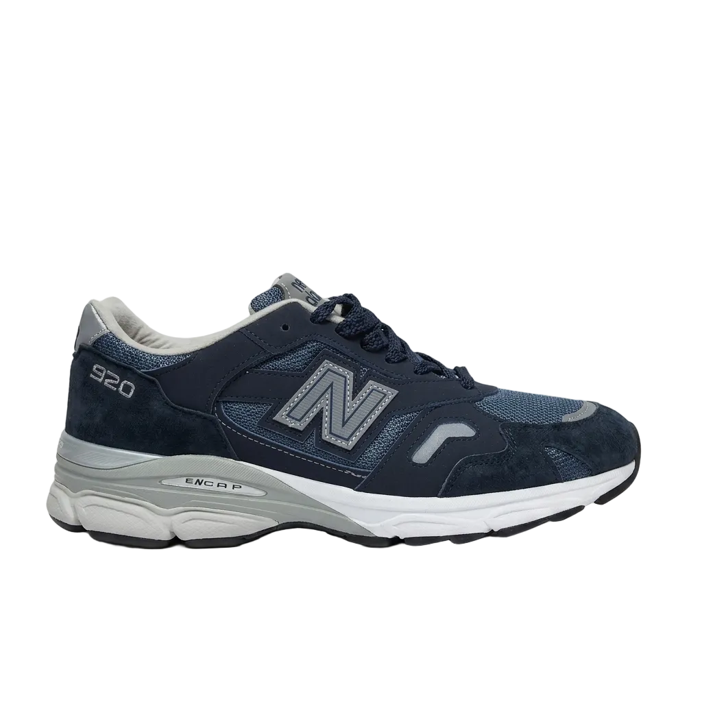New Balance 920 Made in England sneakers in Navy Blue, model M920CNV, showing a full lateral profile view against a clean background.