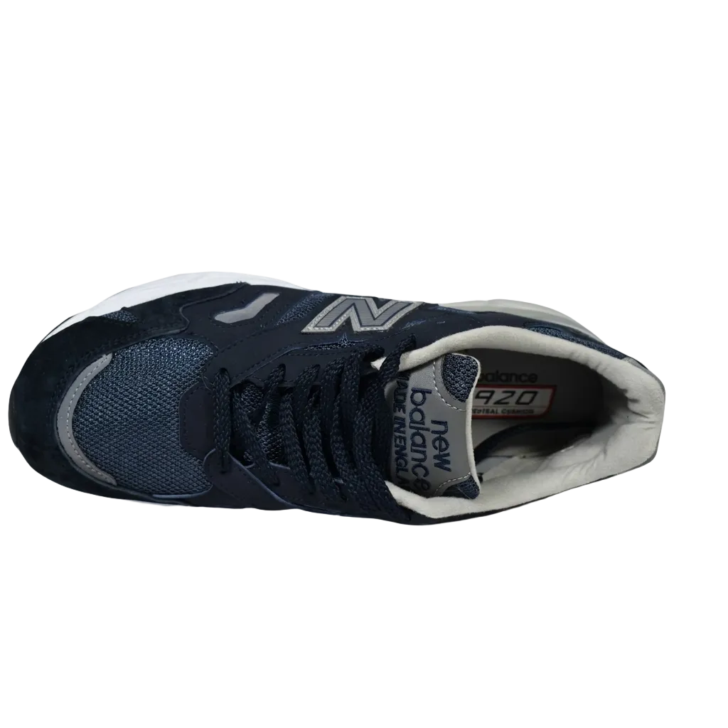 Top-down bird's-eye view of the navy New Balance M920CNV lifestyle sneakers showing the tongue branding, collar lining, and matching laces.