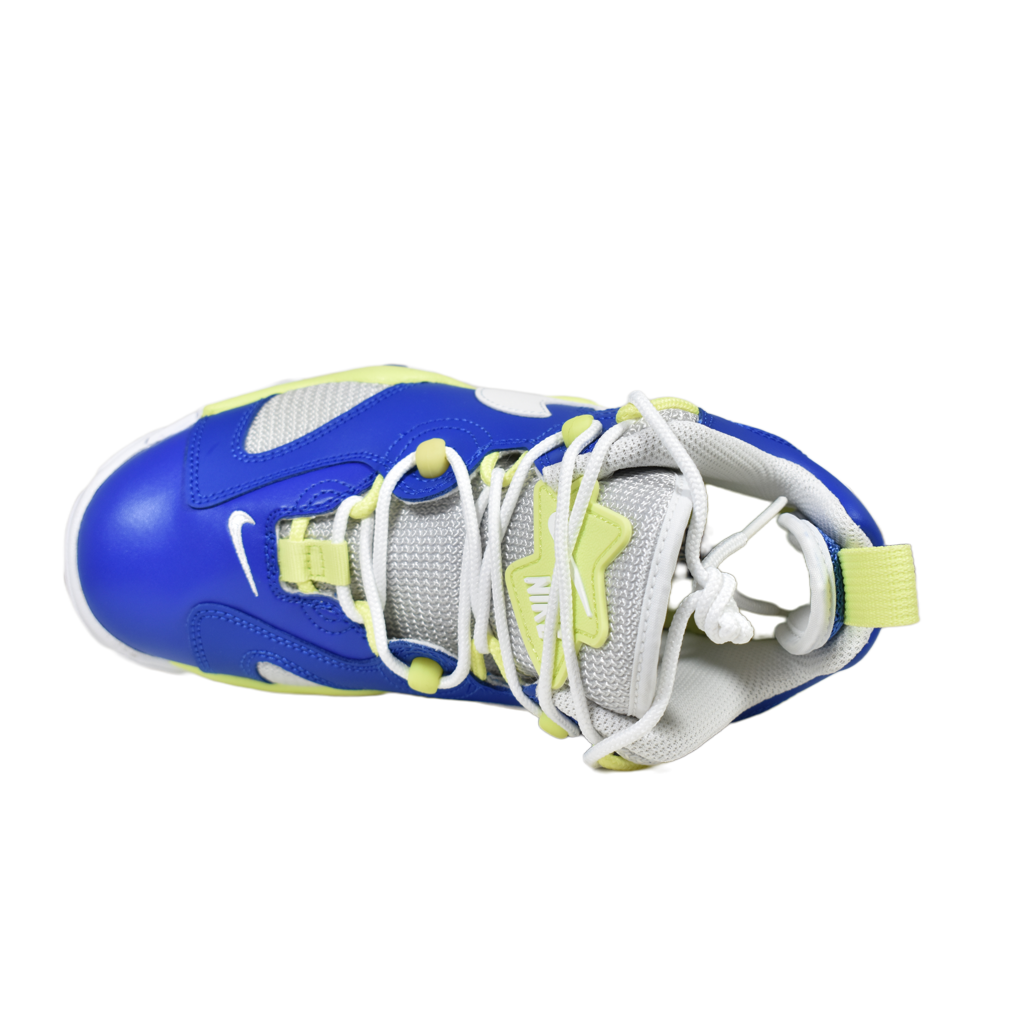 Overhead view of Nike Air Barrage Low GS Sprite showing the unique lacing system and swoosh on the toe box.