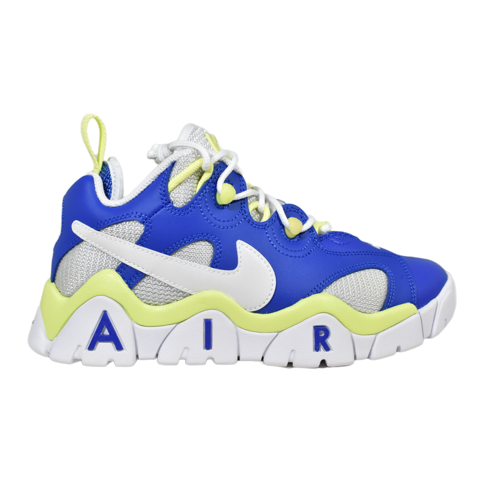 Profile of Nike Air Barrage Low GS Sprite showing blue mesh, leather overlays, and bold "AIR" midsole branding.