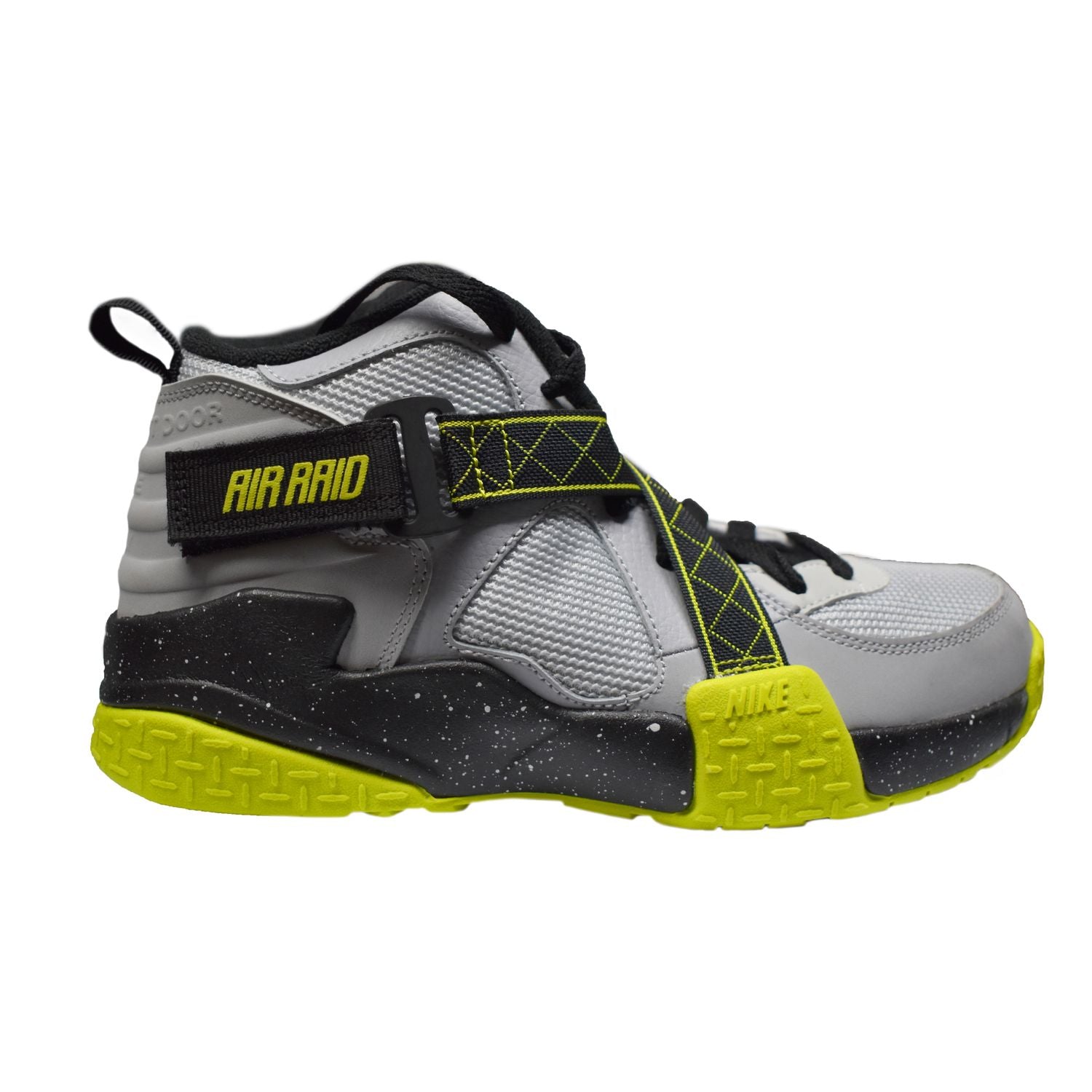 Gray and black sneaker with yellow accents on a white background 644412-002 wolf grey and green