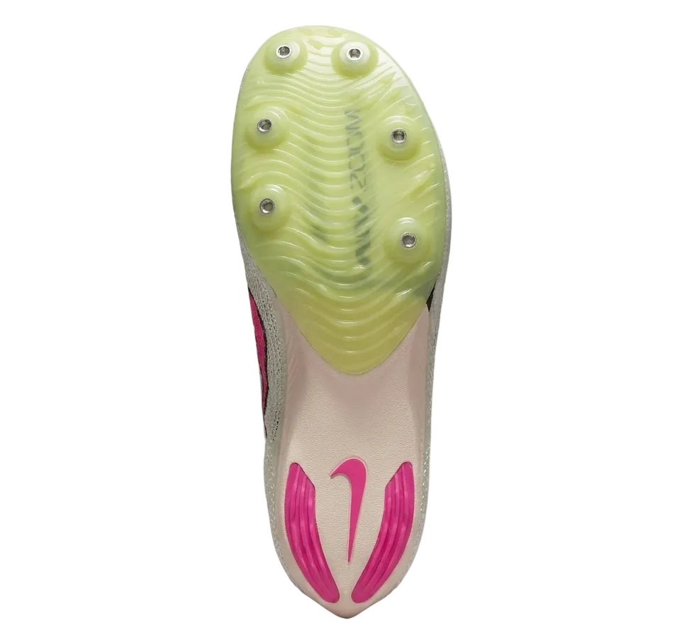 Bottom view of Nike Air Zoom Victory track spikes showing the generative design spike plate and exposed carbon fiber Flyplate.