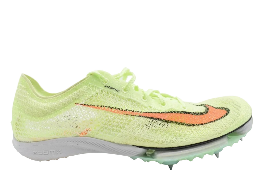 Lateral side view of Nike Air Zoom Victory 'Fast Track' track spikes in Volt and Hyper Orange, featuring the oversized swoosh and Atomknit upper.
