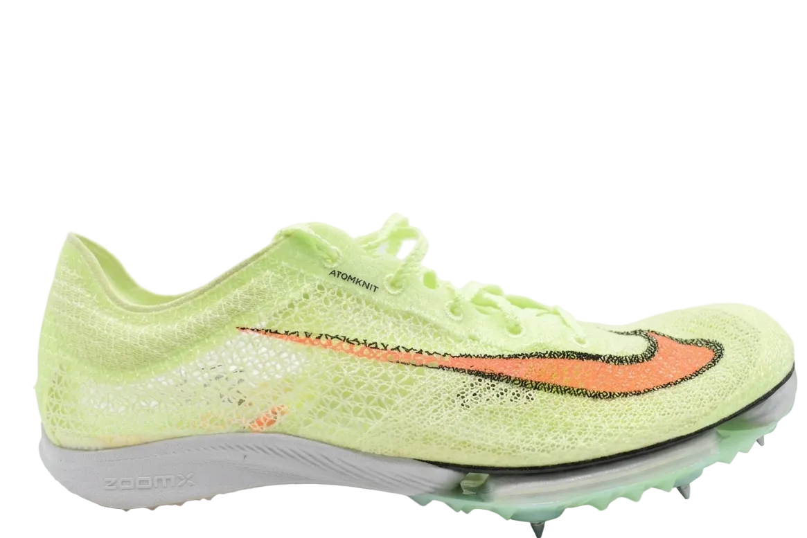 Lateral side view of Nike Air Zoom Victory 'Fast Track' track spikes in Volt and Hyper Orange, featuring the oversized swoosh and Atomknit upper.
