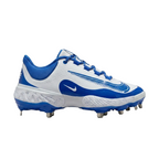 Nike Alpha Huarache Elite 4 Low Baseball Cleats - White and Hyper Royal Blue colorway with side Swoosh and breathable mesh upper.