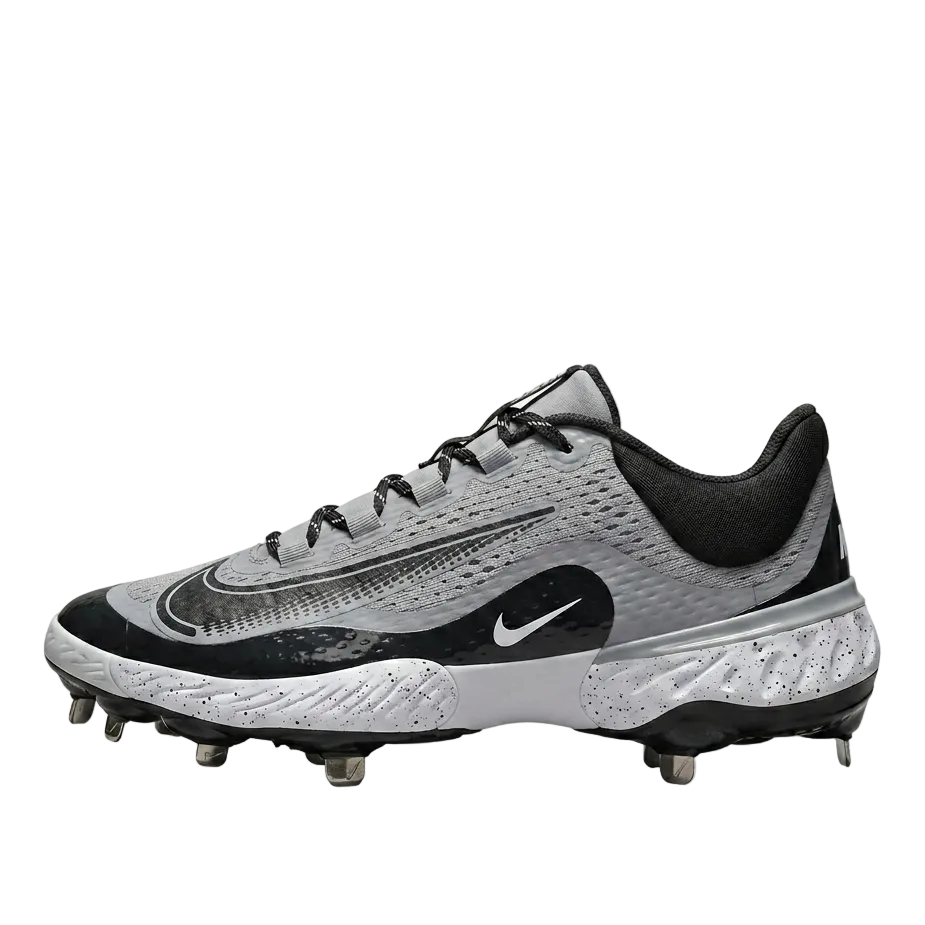 Nike Alpha Huarache Elite 4 Low Baseball Cleats in Wolf Grey and Dark Smoke Grey, showing the side profile and signature Nike Swoosh DJ6521-004