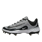 Nike Alpha Huarache Elite 4 Low Baseball Cleats in Wolf Grey and Dark Smoke Grey, showing the side profile and signature Nike Swoosh DJ6521-004