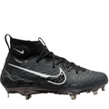 Side profile of Nike Alpha Huarache NXT baseball cleats in Black and Dark Smoke Grey with metal spikes