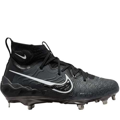 Side profile of Nike Alpha Huarache NXT baseball cleats in Black and Dark Smoke Grey with metal spikes