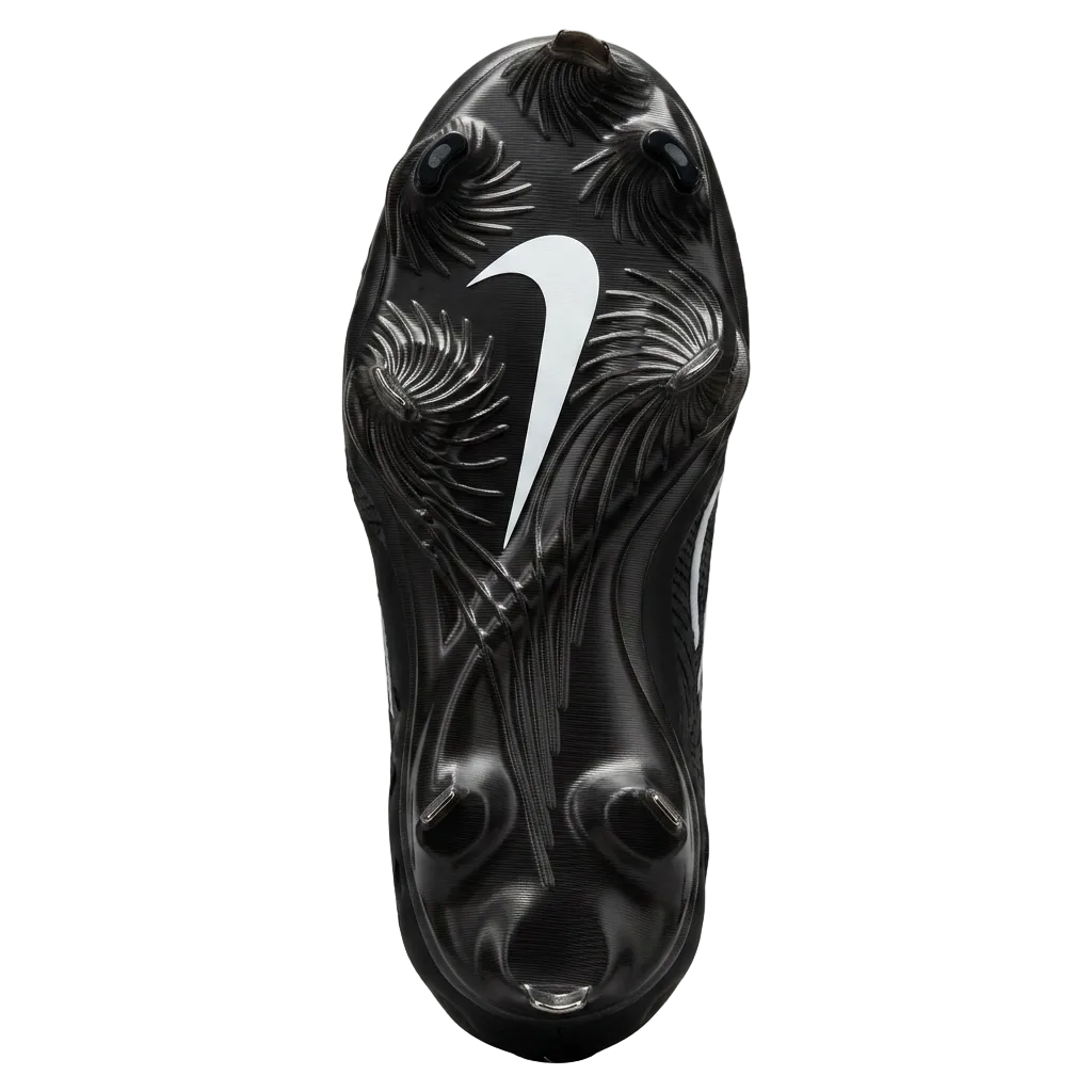 Underneath view of Nike Alpha Huarache NXT metal cleat plate showing the hybrid traction system.