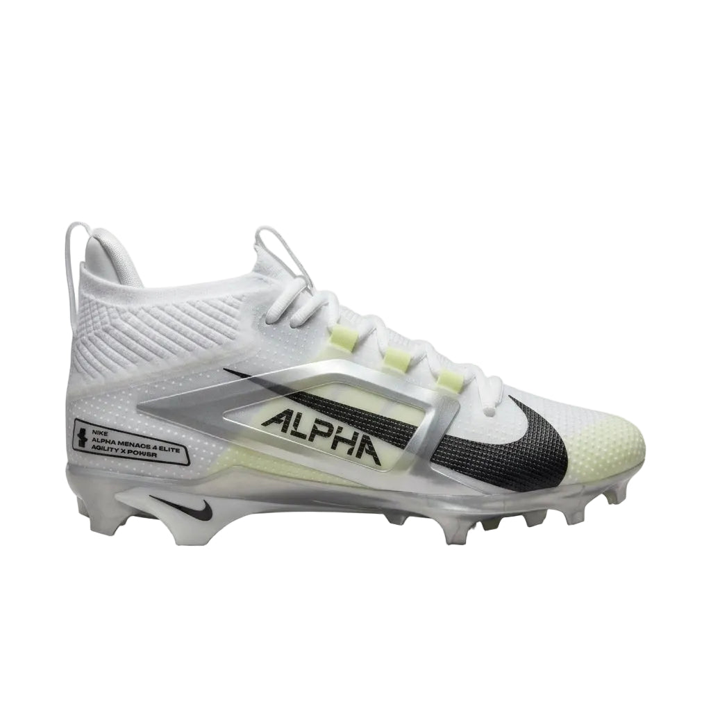 Main side profile view of Nike Alpha Menace 4 Elite White Black FD7036-100 showing Swoosh