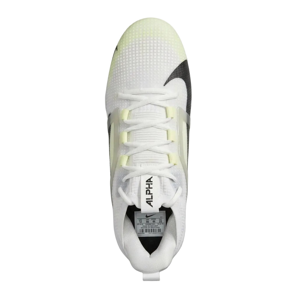 Overhead top view of Nike Alpha Menace 4 Elite White Black FD7036-100 detailing lacing system.