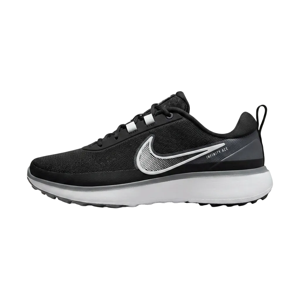 Side profile view of Nike Infinity Ace Next Nature Black White golf shoes showing the classic white Swoosh and lean design, DX0024-010.