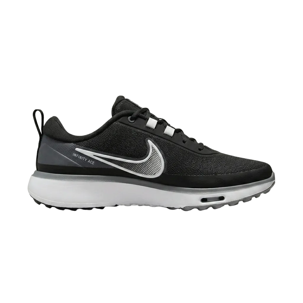 Nike Infinity Ace Next Nature golf shoes in Black and White, style code DX0024-010, front three-quarter view.