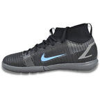 Left medial profile view of Nike Jr. Mercurial Superfly 8 Academy IC youth futsal shoes showcasing the textured ball control upper, CV0784-004.