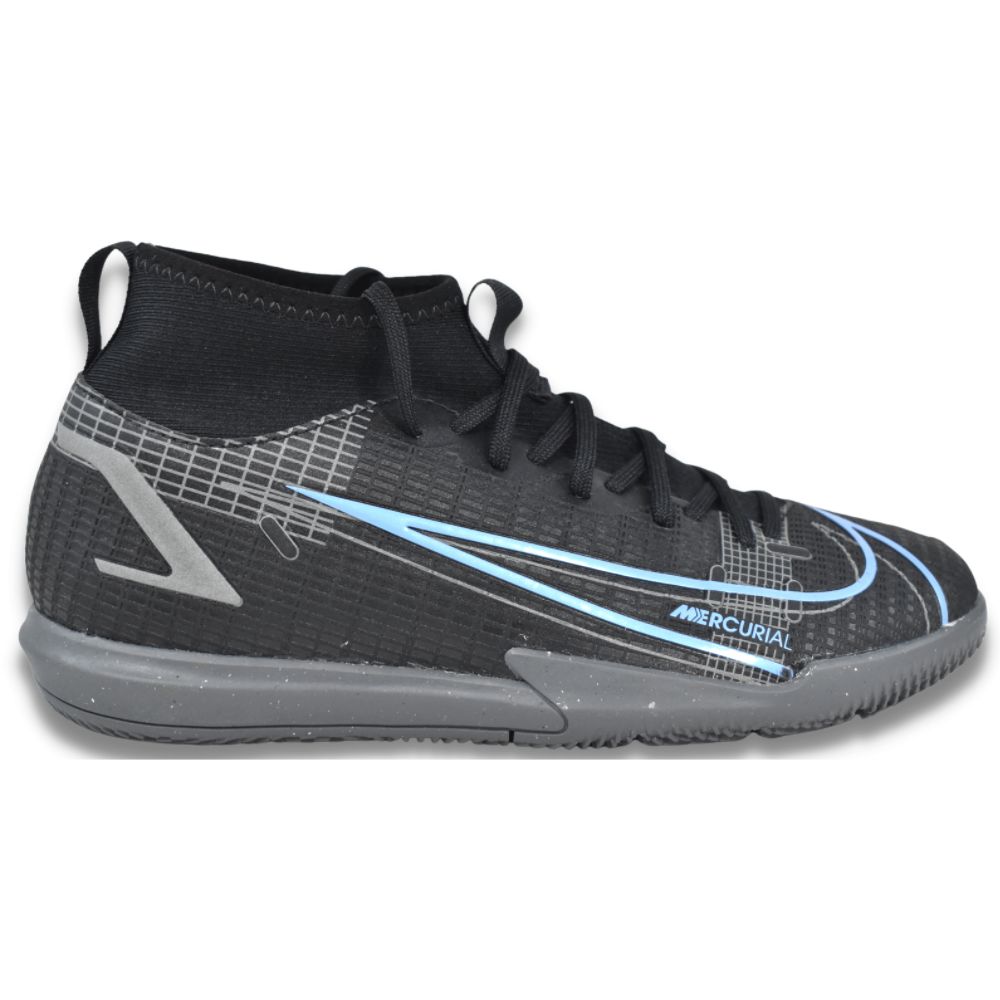 Right side profile of Nike Jr. Mercurial Superfly 8 Academy IC GS indoor soccer shoes in Black and Photo Blue, CV0784-004.