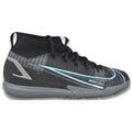Right side profile of Nike Jr. Mercurial Superfly 8 Academy IC GS indoor soccer shoes in Black and Photo Blue, CV0784-004.
