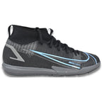 Right side profile of Nike Jr. Mercurial Superfly 8 Academy IC GS indoor soccer shoes in Black and Photo Blue, CV0784-004.