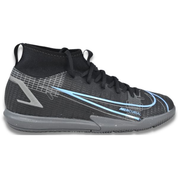 Right side profile of Nike Jr. Mercurial Superfly 8 Academy IC GS indoor soccer shoes in Black and Photo Blue, CV0784-004.