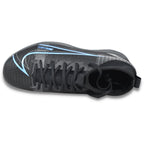 Top down aerial view of Nike Jr. Mercurial Superfly 8 Academy IC GS soccer sneakers highlighting the symmetrical lacing and sockliner, CV0784-004.