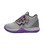 Inside medial view of toddler Nike Kyrie 5 Graffiti shoes showing the purple accents and comfortable grey mesh upper.