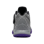 Rear heel view of Nike Kyrie 5 TD Graffiti basketball shoes showing the structured dark grey heel counter and purple sole details.