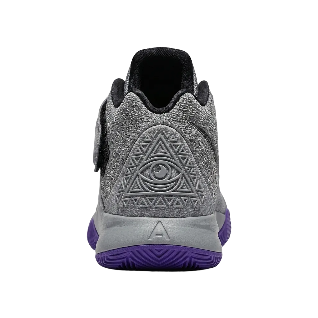 Rear heel view of Nike Kyrie 5 TD Graffiti basketball shoes showing the structured dark grey heel counter and purple sole details.