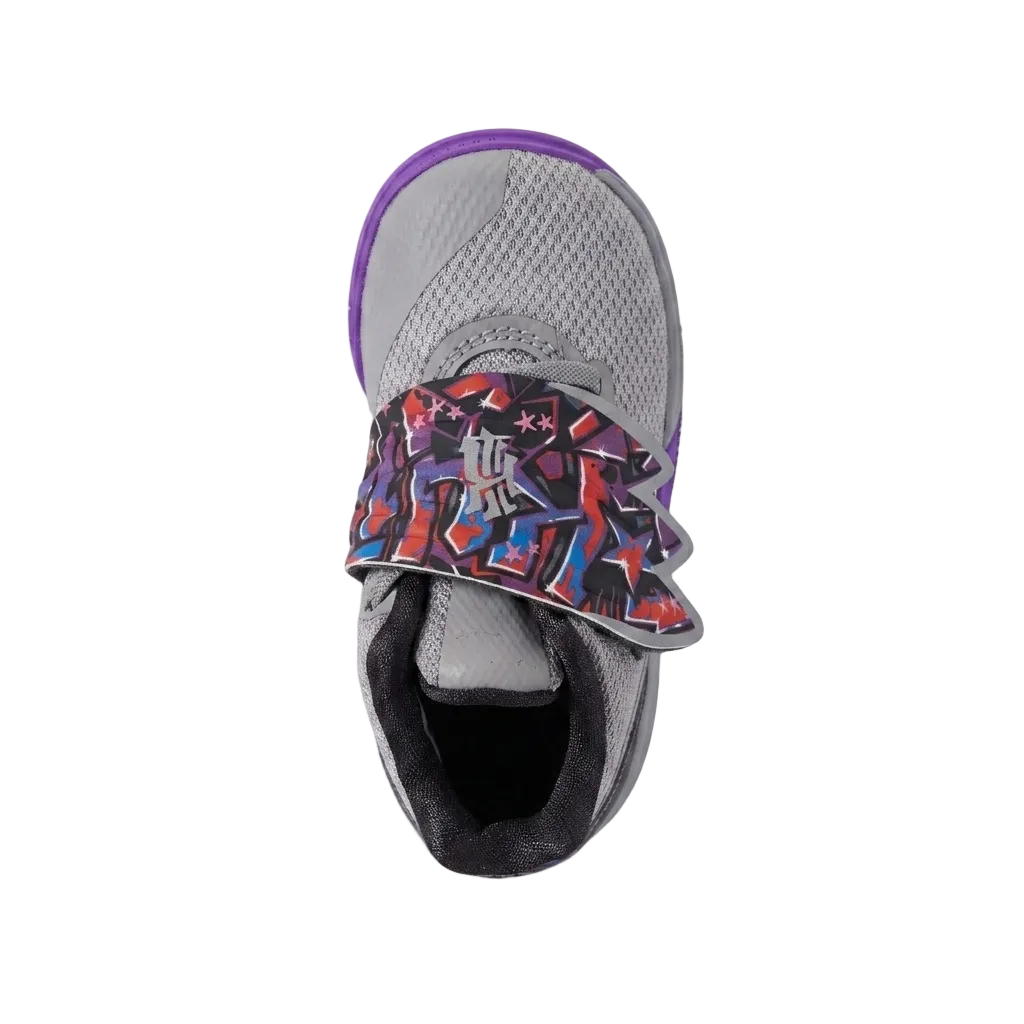 Top-down view of Nike Kyrie 5 TD Graffiti sneakers highlighting the street-art inspired midfoot Flytrap strap closure.