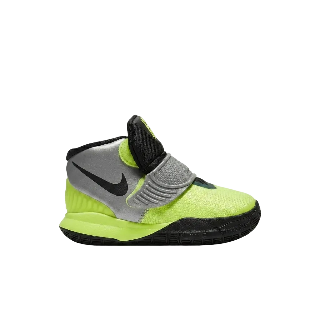 Lateral side view of Nike Kyrie 6 Cross TDV Volt Black toddler sneakers showing the vibrant neon mesh and black cross-strap.